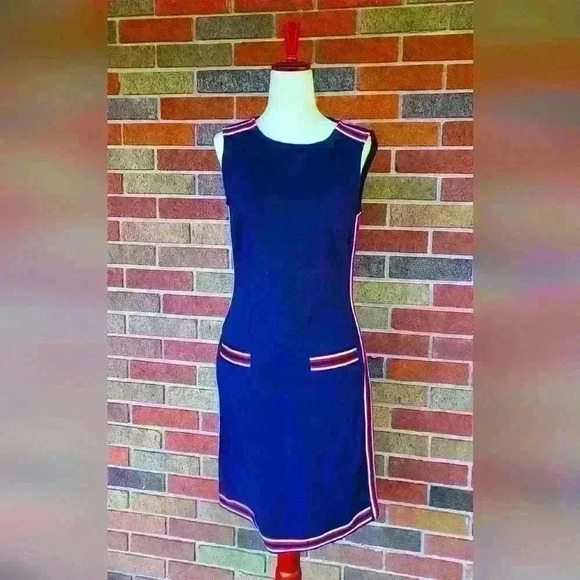 Tommy Hilfiger navy blue red white strip dress sleeve size 2 - Picture 1 of 16
